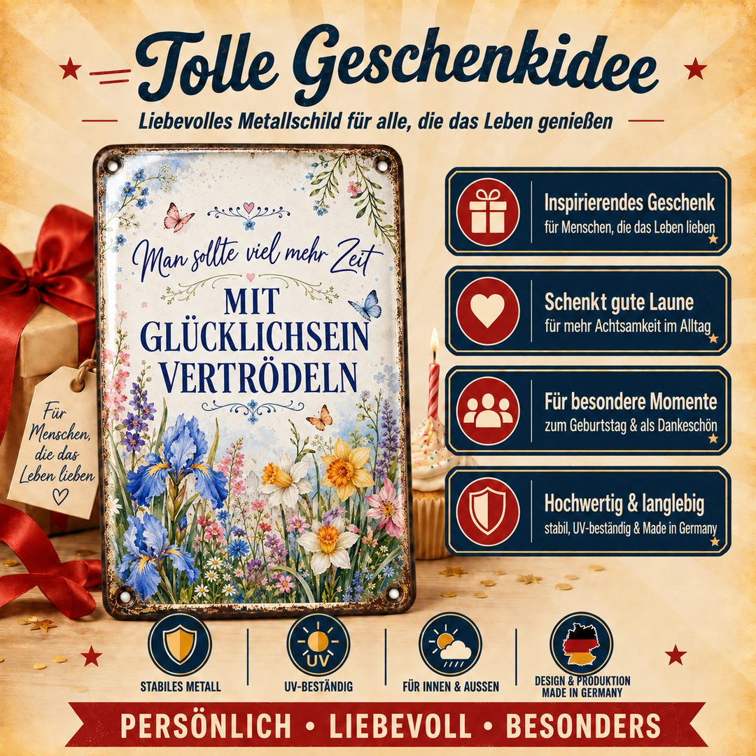 Glücklichsein vertrödeln Metallschild – Irisblumen von Leotie – Geschenkidee, 20 × 30 cm