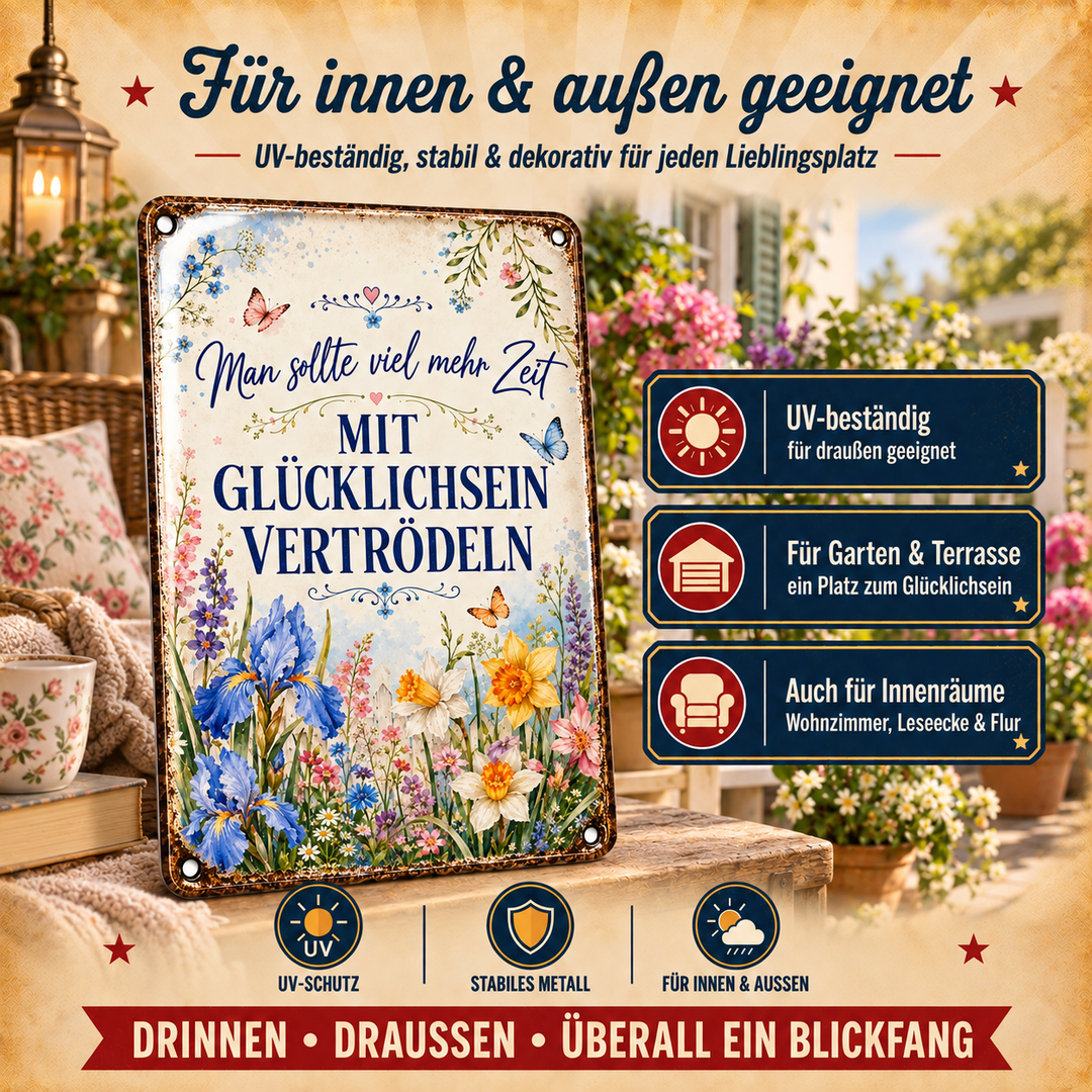 Glücklichsein vertrödeln Metallschild – Irisblumen von Leotie – Dekoration für innen und außen, 20 × 30 cm