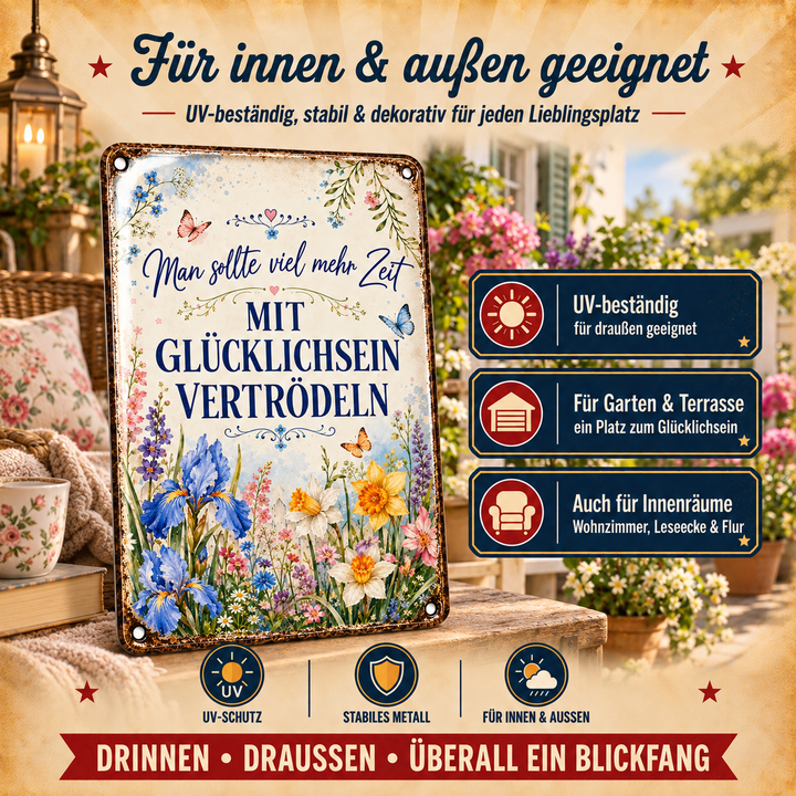 Glücklichsein vertrödeln Metallschild – Irisblumen von Leotie – Dekoration für innen und außen, 20 × 30 cm