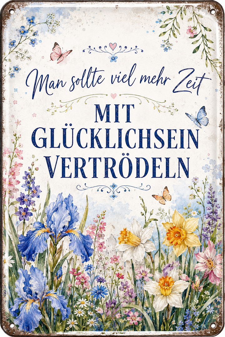 Glücklichsein vertrödeln Metallschild – Irisblumen von Leotie – Motivansicht, 20 × 30 cm