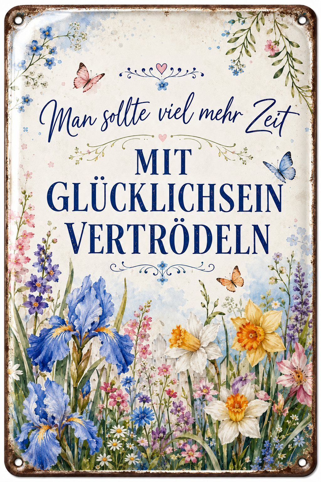 Glücklichsein vertrödeln Metallschild – Irisblumen von Leotie – Titelbild mit Schimmereffekt, 20 × 30 cm