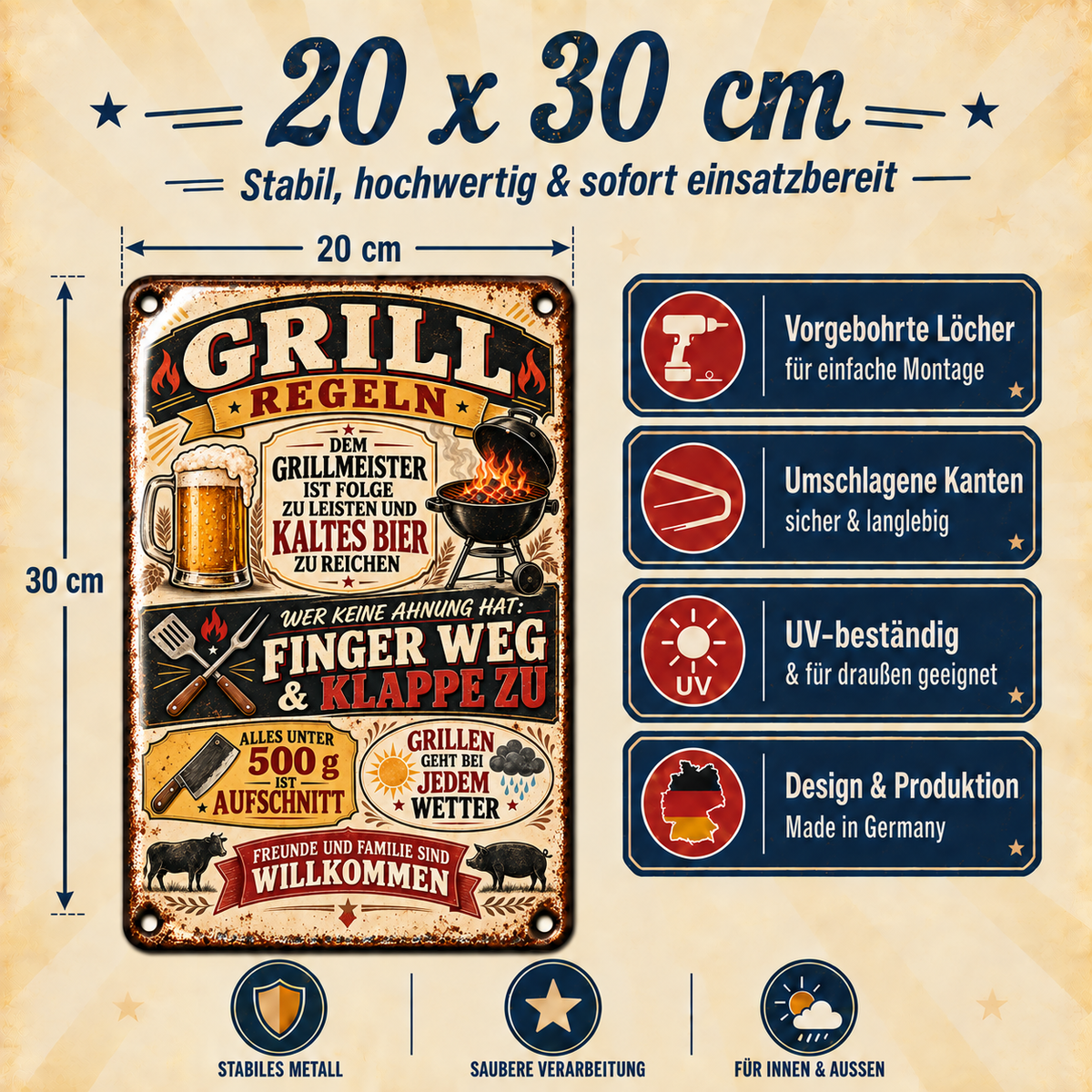 Grill-Regeln Metallschild – Für Grillmeister von Leotie – Maße und Produkteigenschaften, 20 × 30 cm