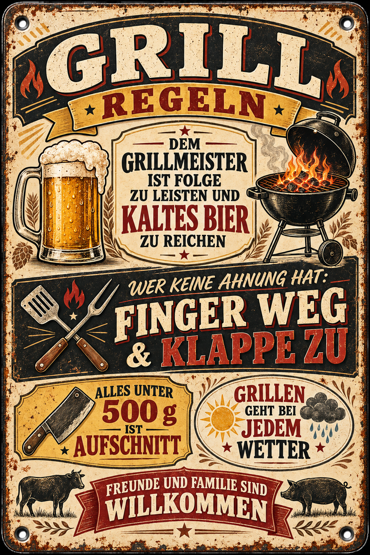 Grill-Regeln Metallschild – Für Grillmeister von Leotie – Motivansicht, 20 × 30 cm