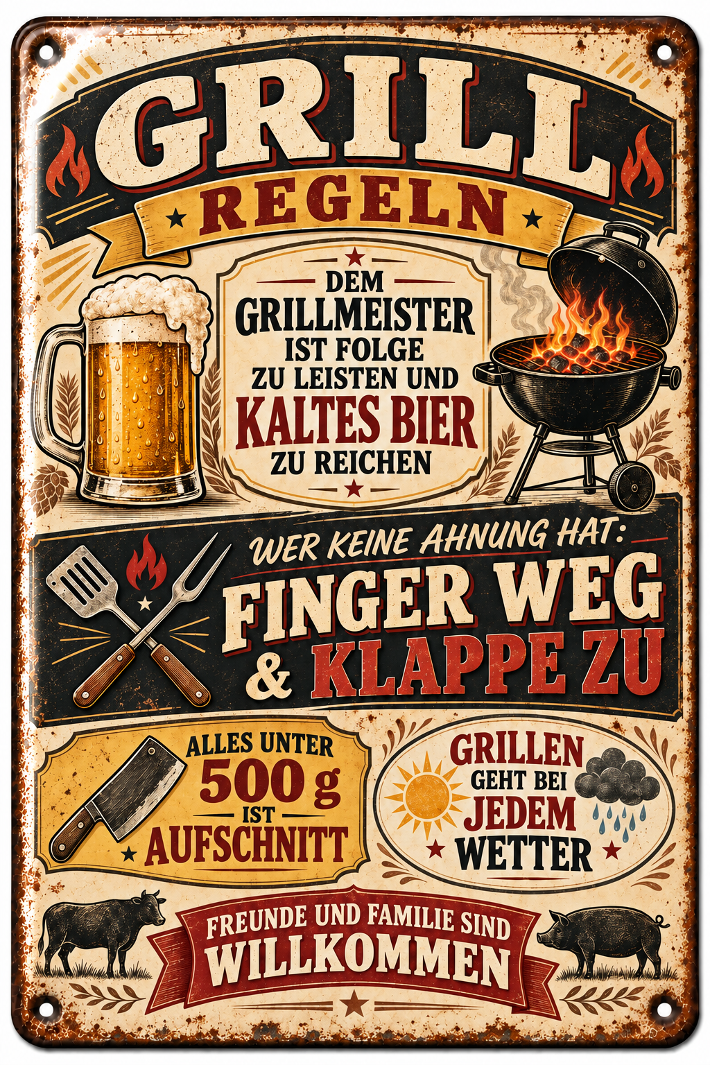 Grill-Regeln Metallschild – Für Grillmeister von Leotie – Titelbild mit Schimmereffekt, 20 × 30 cm