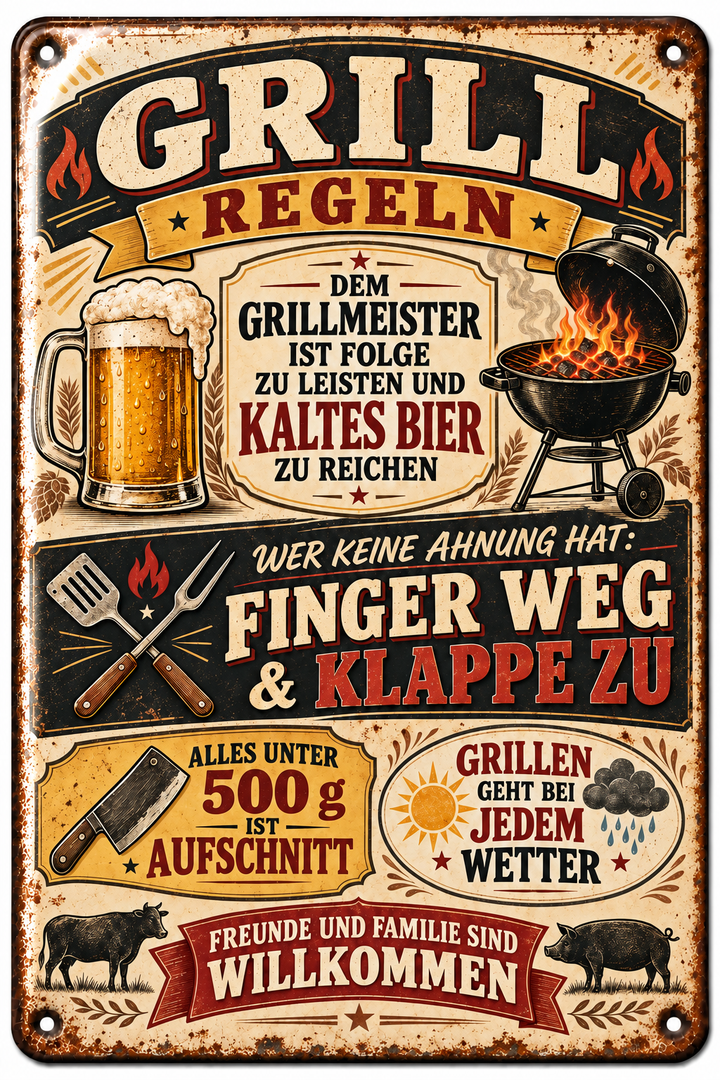 Grill-Regeln Metallschild – Für Grillmeister von Leotie – Titelbild mit Schimmereffekt, 20 × 30 cm
