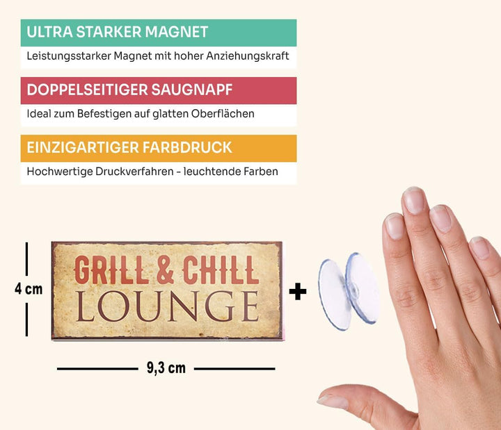 schilderkreis24 – Magnet Lustiger Spruch “Grill & Chill Lounge“ Deko Geschenkidee Mann Frau 9,3x4cm