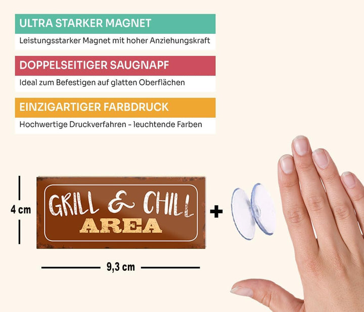 schilderkreis24 – Magnet Lustiger Spruch “Grill & Chill Area“ Deko Geschenkidee Mann Frau 9,3x4cm