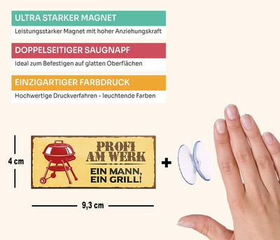 Magnetisches Blechschild "Profi am Werk - Ein Mann, ein Grill", 9,3 x 4 cm, einzigartiges Geschenk für Männer und Frauen, hochwertiger und leuchtender Farbdruck, leistungsstarker Magnet für glatte Oberflächen