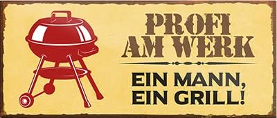 Ein robuster Grillmagnet mit witzigem Spruch "Profi am Werk - Ein Mann, ein Grill!" von schilderkreis24. Ideal als dekorative Geschenkidee für Männer, die gerne am Grill stehen.