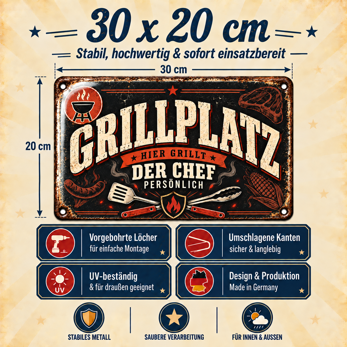 Grillplatz Metallschild – Hier grillt der Chef von Leotie – Maße und Produkteigenschaften, 30 × 20 cm