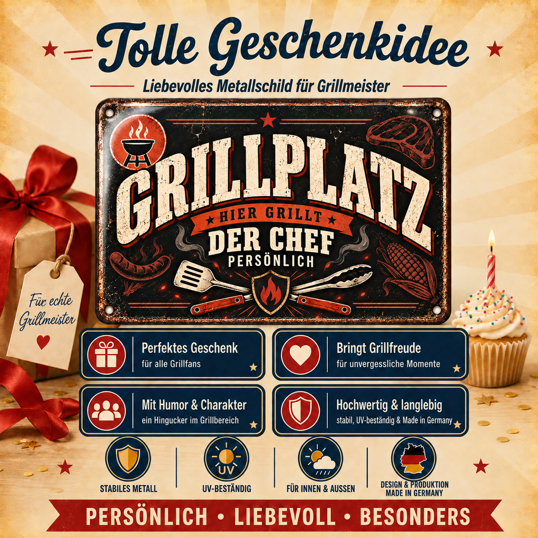 Grillplatz Metallschild – Hier grillt der Chef von Leotie – Geschenkidee, 30 × 20 cm
