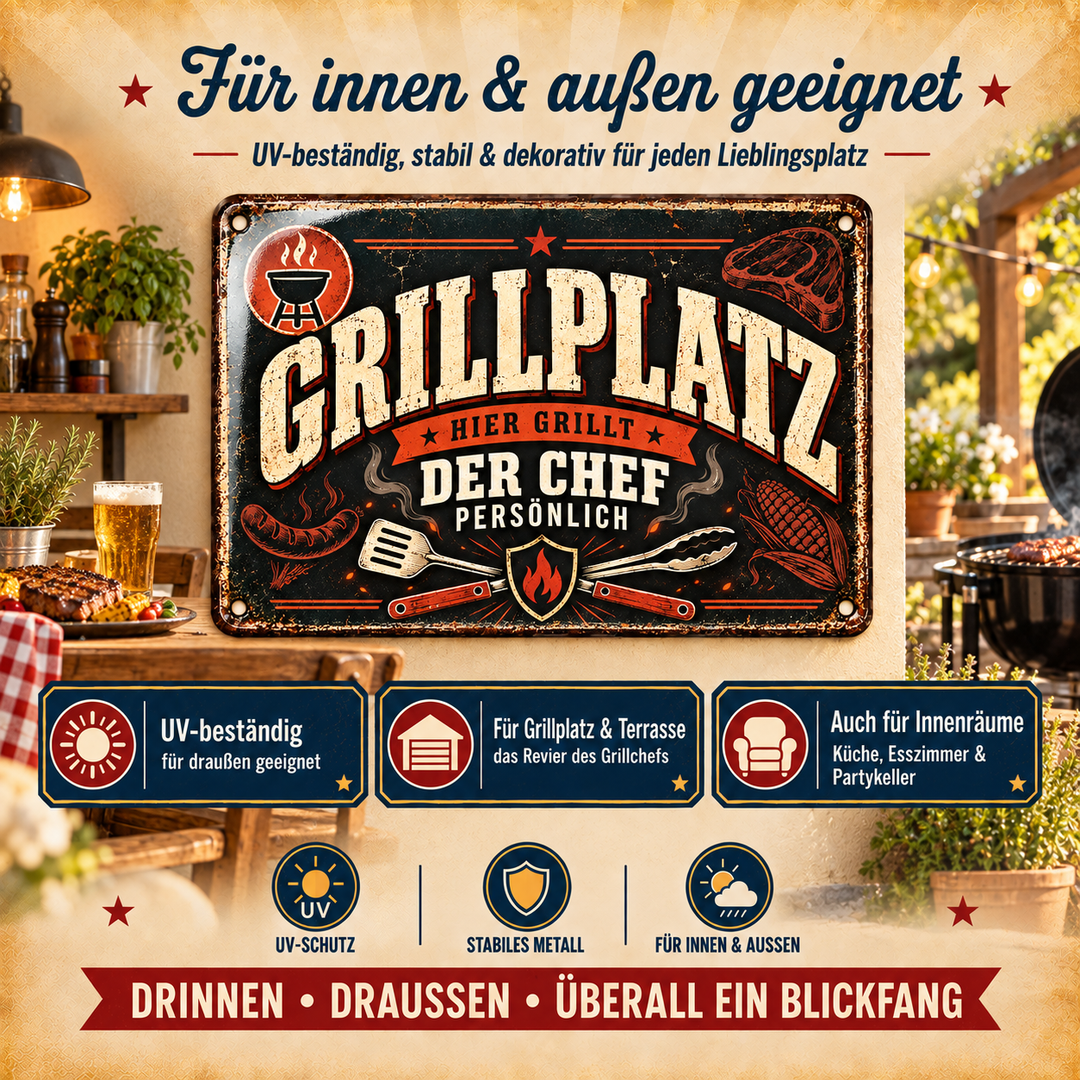 Grillplatz Metallschild – Hier grillt der Chef von Leotie – Dekoration für innen und außen, 30 × 20 cm