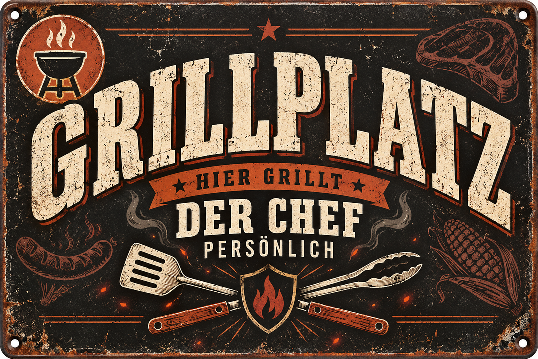 Grillplatz Metallschild – Hier grillt der Chef von Leotie – Motivansicht, 30 × 20 cm