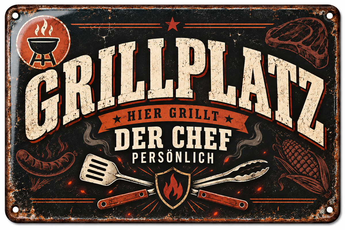 Grillplatz Metallschild – Hier grillt der Chef von Leotie – Titelbild mit Schimmereffekt, 30 × 20 cm