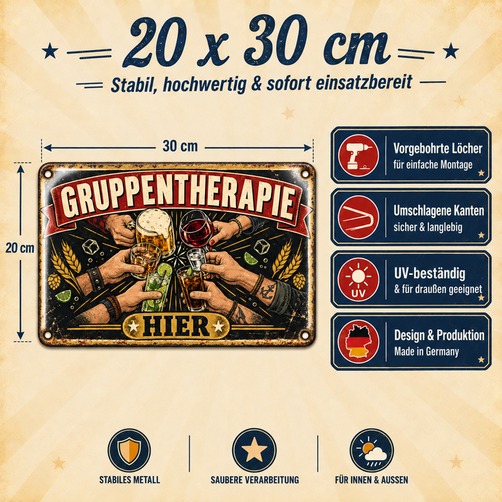 Gruppentherapie hier Metallschild – Hausbar von Leotie – Maße und Produkteigenschaften, 30 × 20 cm