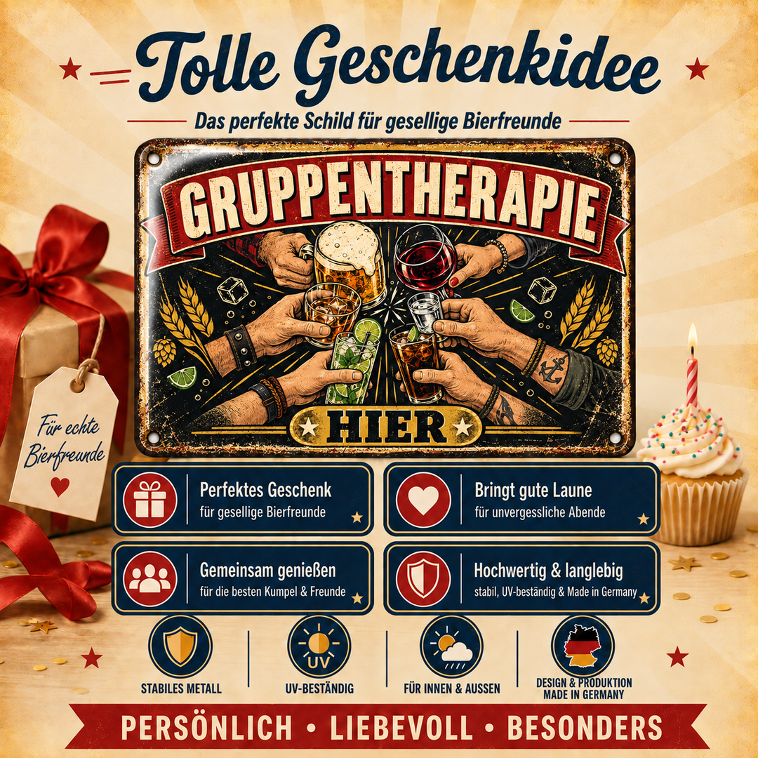 Gruppentherapie hier Metallschild – Hausbar von Leotie – Geschenkidee, 30 × 20 cm