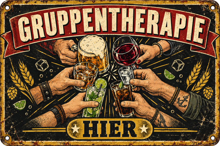 Gruppentherapie hier Metallschild – Hausbar von Leotie – Motivansicht, 30 × 20 cm