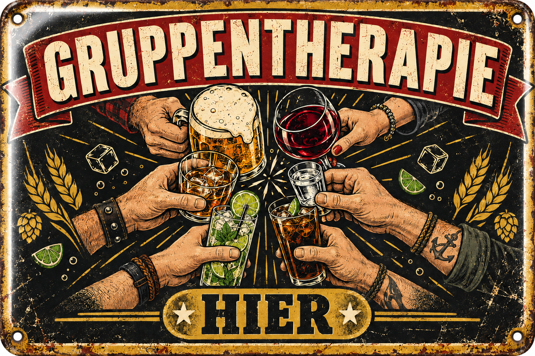 Gruppentherapie hier Metallschild – Hausbar von Leotie – Titelbild mit Schimmereffekt, 30 × 20 cm