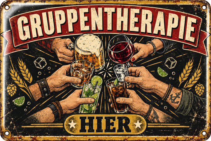 Gruppentherapie hier Metallschild – Hausbar von Leotie – Titelbild mit Schimmereffekt, 30 × 20 cm