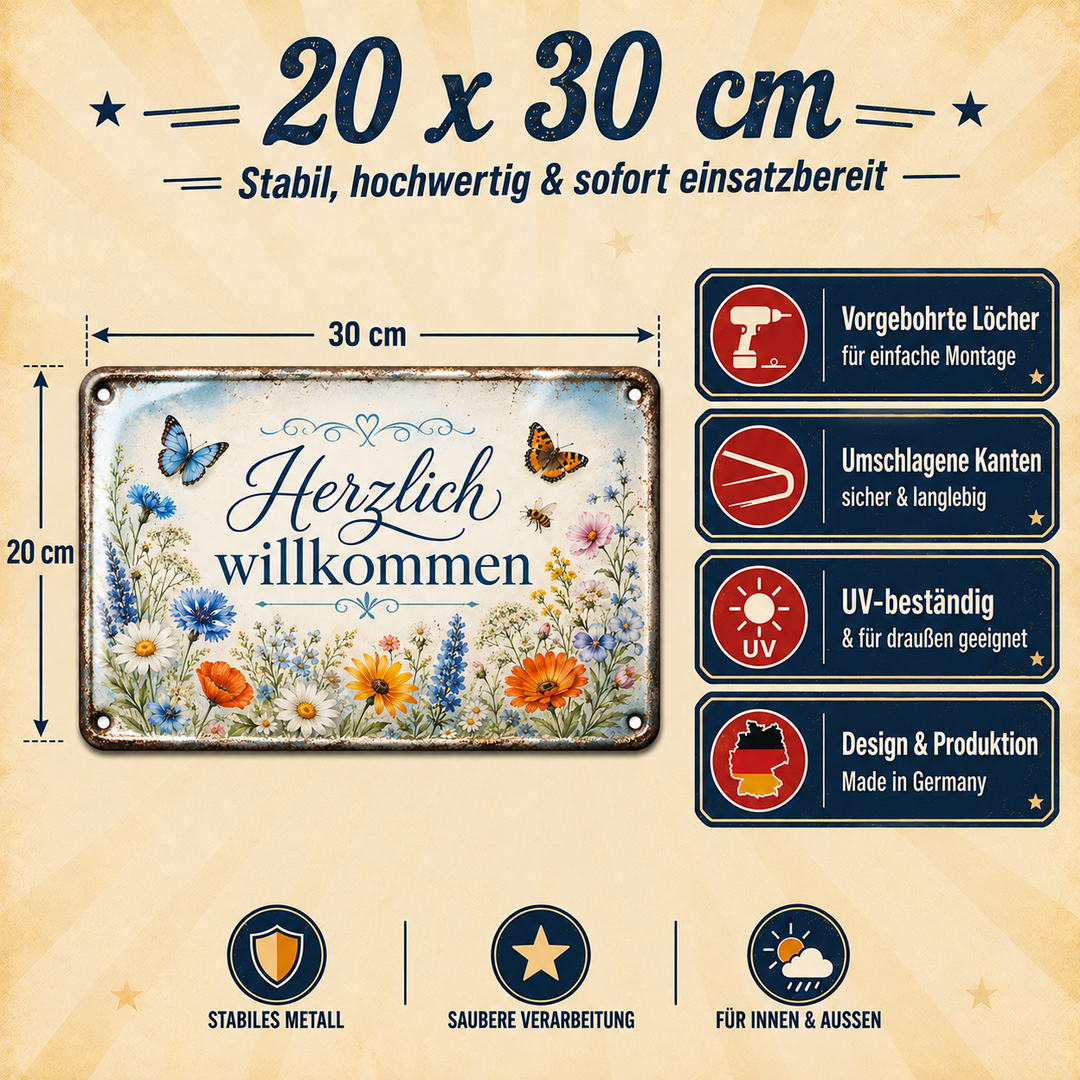 Herzlich willkommen Metallschild – Wiesenblumen von Leotie – Maße und Produkteigenschaften, 30 × 20 cm