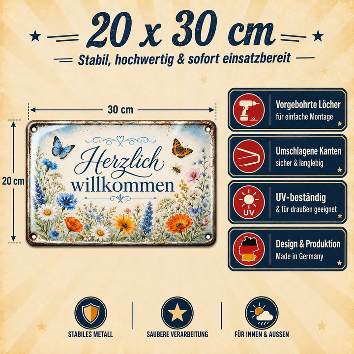 Herzlich willkommen Metallschild – Wiesenblumen von Leotie – Maße und Produkteigenschaften, 30 × 20 cm