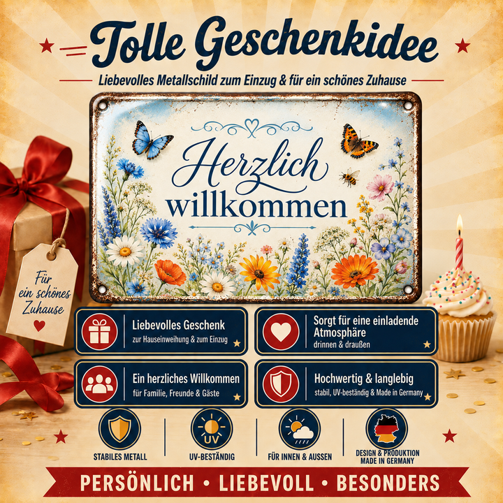Herzlich willkommen Metallschild – Wiesenblumen von Leotie – Geschenkidee, 30 × 20 cm