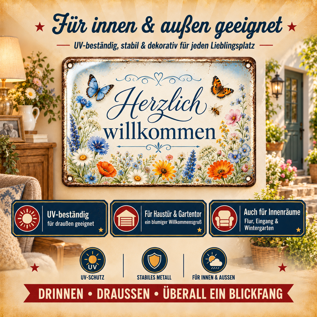 Herzlich willkommen Metallschild – Wiesenblumen von Leotie – Dekoration für innen und außen, 30 × 20 cm