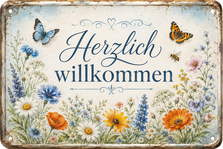 Herzlich willkommen Metallschild – Wiesenblumen von Leotie – Motivansicht, 30 × 20 cm