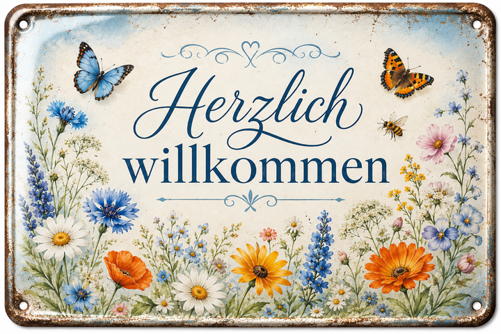 Herzlich willkommen Metallschild – Wiesenblumen von Leotie – Titelbild mit Schimmereffekt, 30 × 20 cm