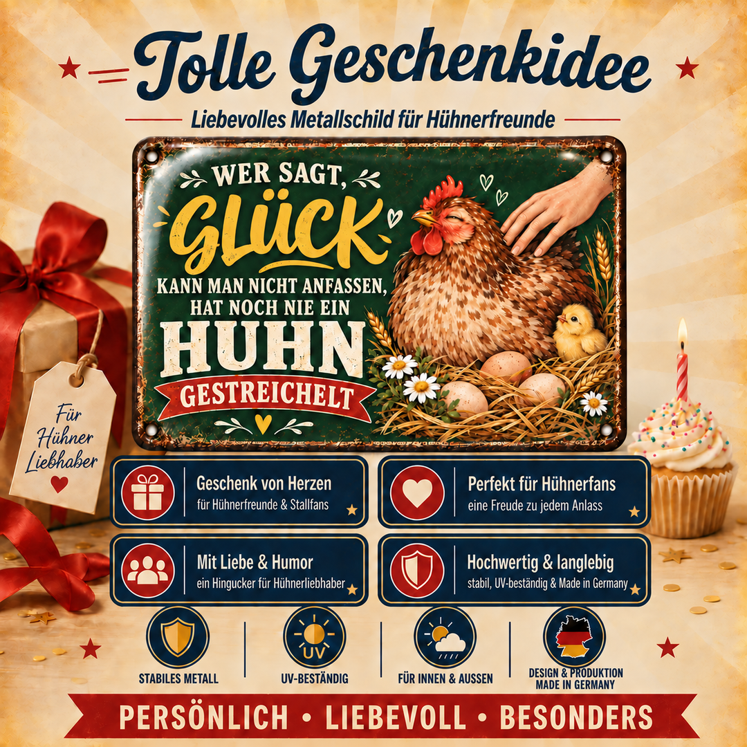 Hühner Metallschild – Glück kann man anfassen von Leotie – Geschenkidee, 30 × 20 cm