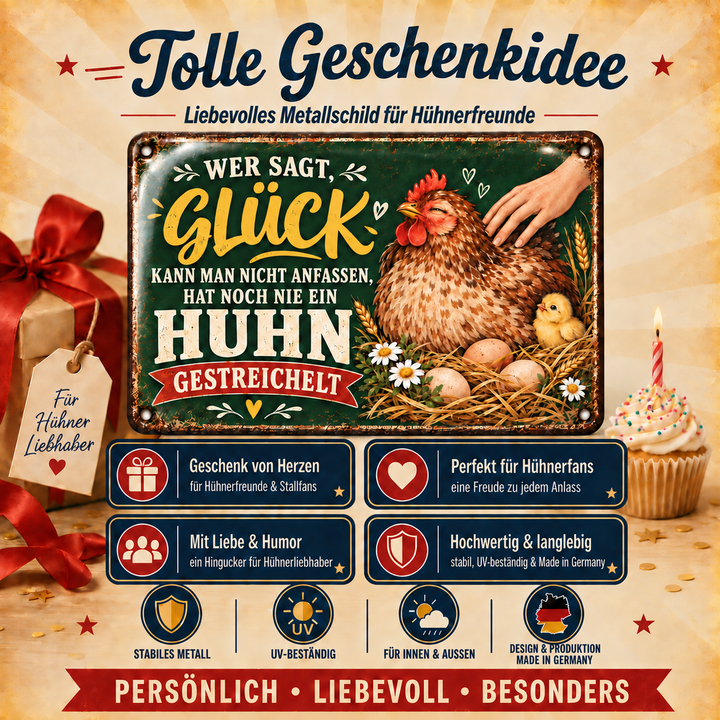 Hühner Metallschild – Glück kann man anfassen von Leotie – Geschenkidee, 30 × 20 cm