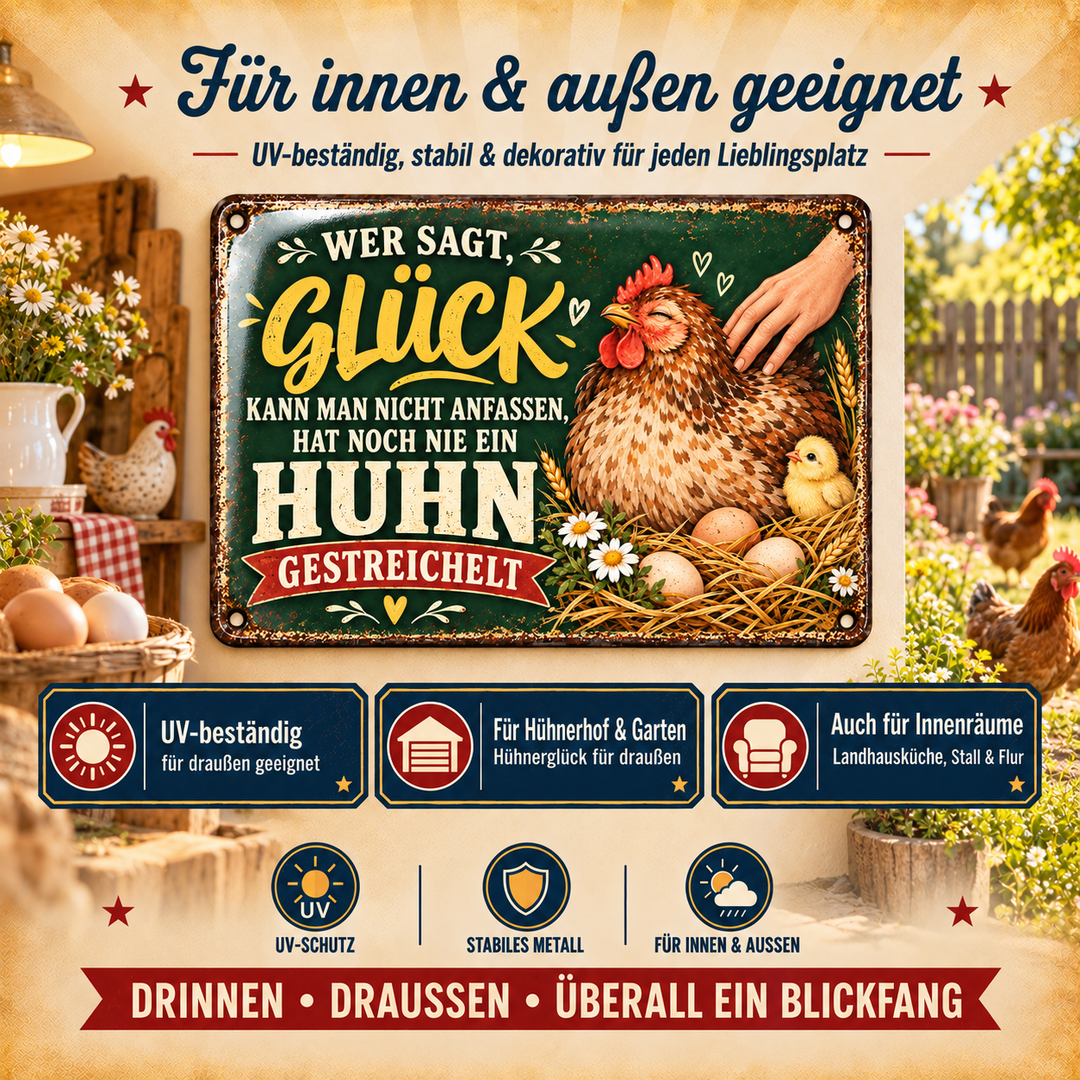 Hühner Metallschild – Glück kann man anfassen von Leotie – Dekoration für innen und außen, 30 × 20 cm