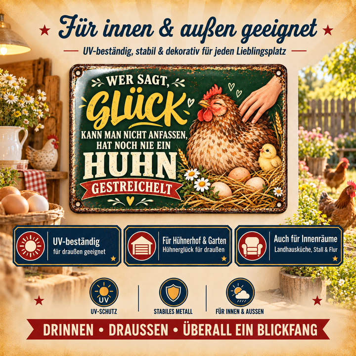 Hühner Metallschild – Glück kann man anfassen von Leotie – Dekoration für innen und außen, 30 × 20 cm
