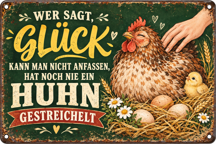 Hühner Metallschild – Glück kann man anfassen von Leotie – Motivansicht, 30 × 20 cm