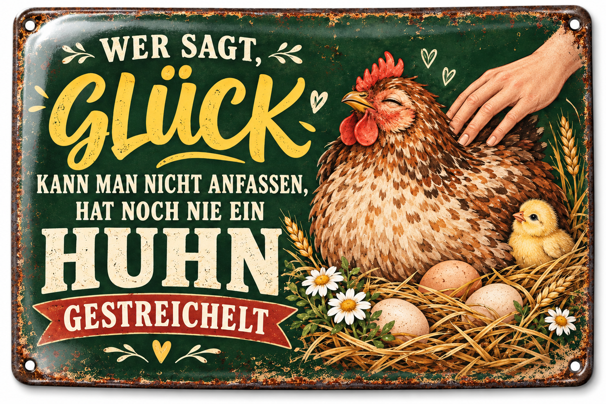Hühner Metallschild – Glück kann man anfassen von Leotie – Titelbild mit Schimmereffekt, 30 × 20 cm