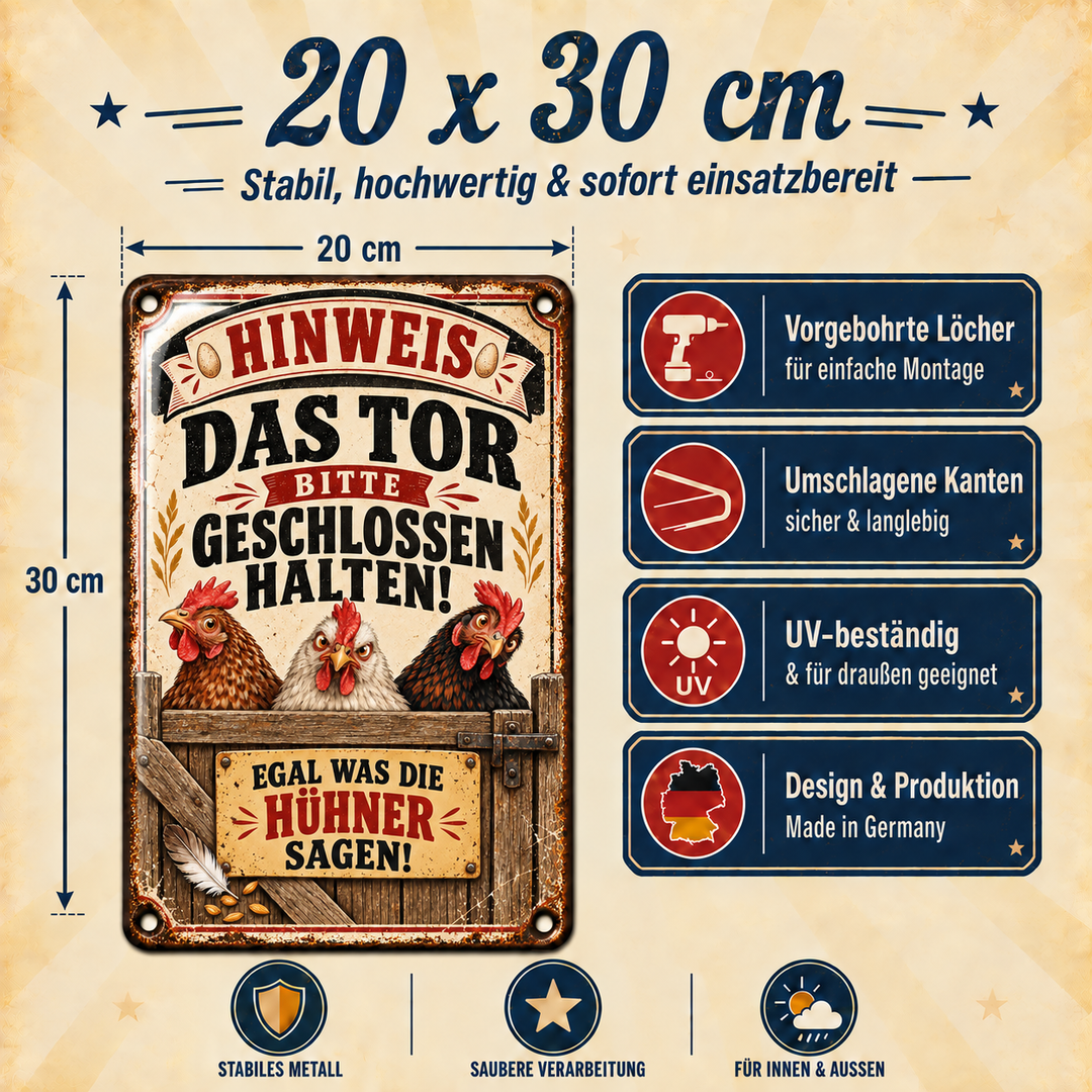 Hühner Metallschild – Tor bitte geschlossen halten von Leotie – Maße und Produkteigenschaften, 20 × 30 cm