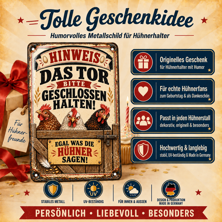 Hühner Metallschild – Tor bitte geschlossen halten von Leotie – Geschenkidee, 20 × 30 cm