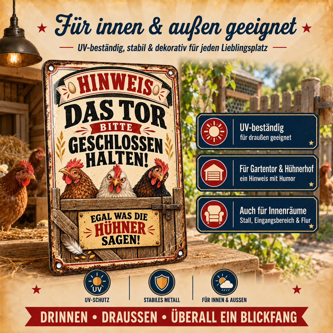 Hühner Metallschild – Tor bitte geschlossen halten von Leotie – Dekoration für innen und außen, 20 × 30 cm