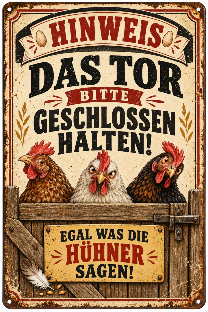 Hühner Metallschild – Tor bitte geschlossen halten von Leotie – Motivansicht, 20 × 30 cm
