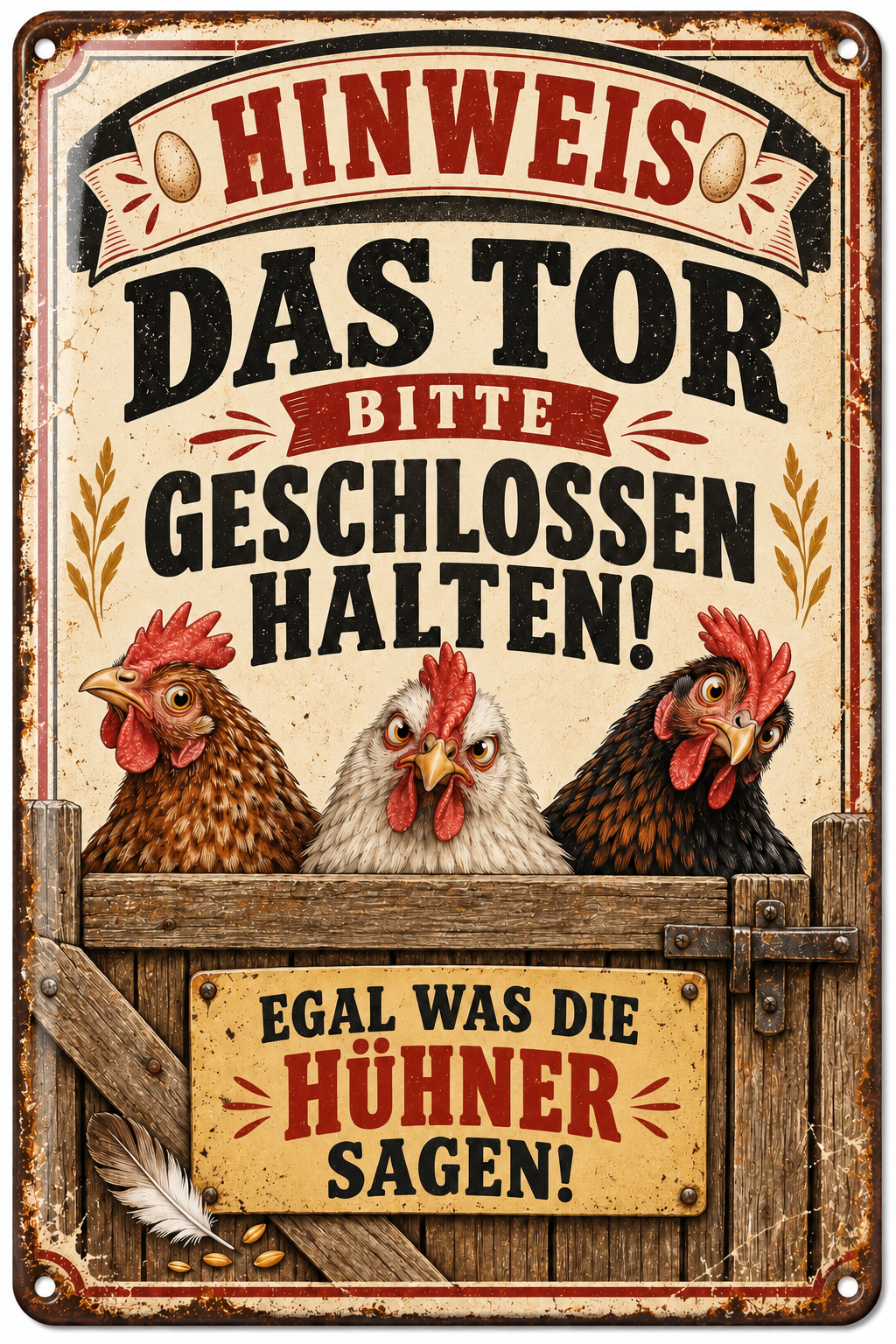 Hühner Metallschild – Tor bitte geschlossen halten von Leotie – Titelbild mit Schimmereffekt, 20 × 30 cm