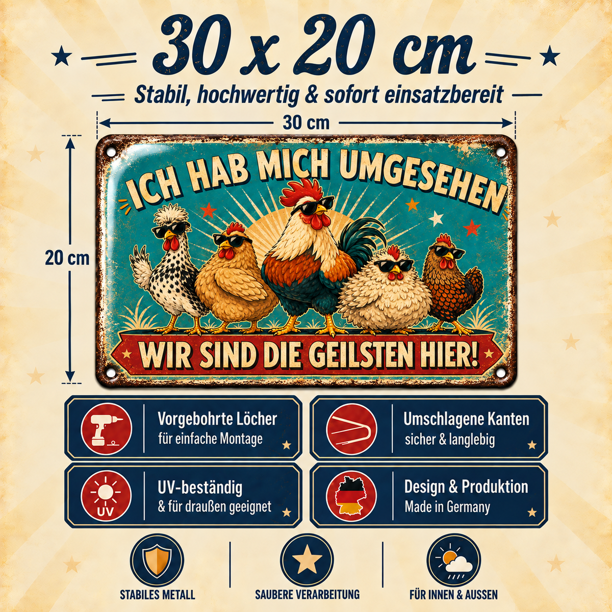 Hühner Metallschild – Wir sind die Geilsten hier von Leotie – Maße und Produkteigenschaften, 30 × 20 cm