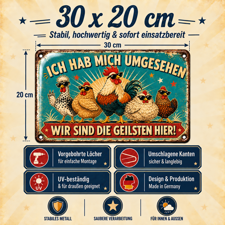 Hühner Metallschild – Wir sind die Geilsten hier von Leotie – Maße und Produkteigenschaften, 30 × 20 cm