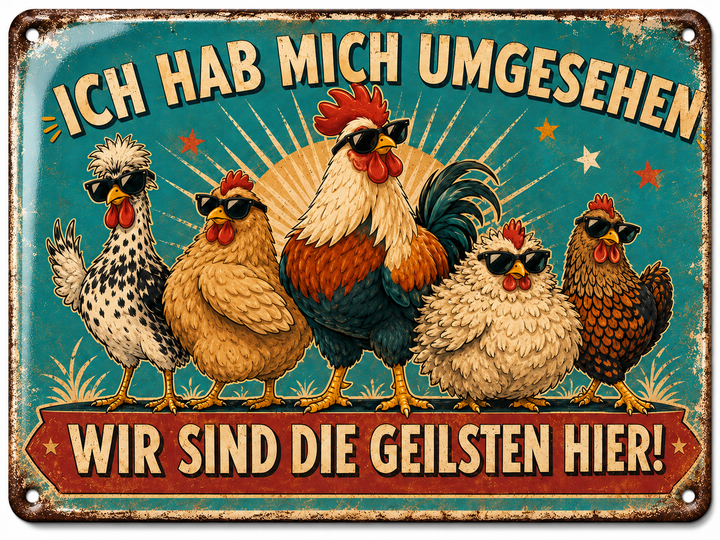 Hühner Metallschild – Wir sind die Geilsten hier von Leotie – Titelbild mit Schimmereffekt, 30 × 20 cm