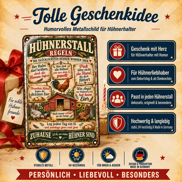 Hühnerstall-Regeln Metallschild von Leotie – Geschenkidee, 20 × 30 cm