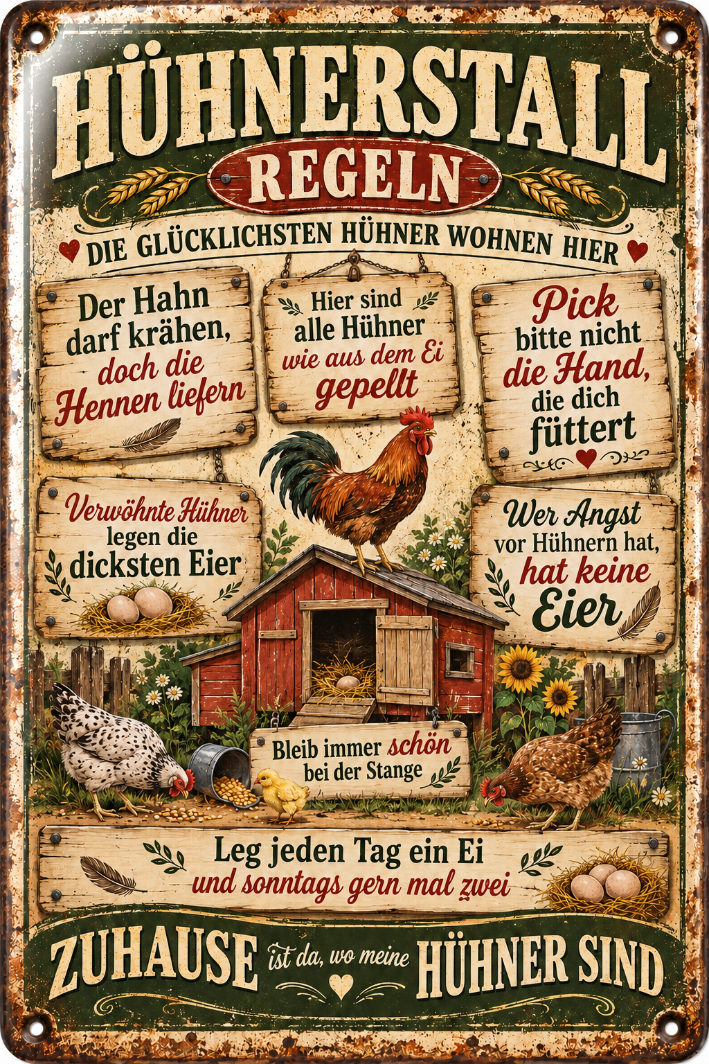 Hühnerstall-Regeln Metallschild von Leotie – Titelbild mit Schimmereffekt, 20 × 30 cm
