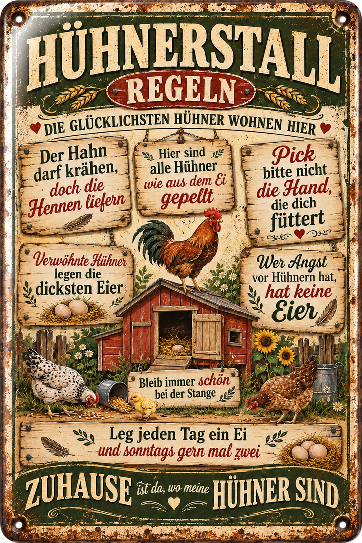 Hühnerstall-Regeln Metallschild von Leotie – Titelbild mit Schimmereffekt, 20 × 30 cm