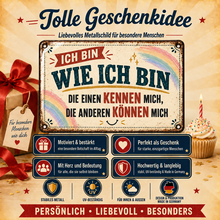 Ich bin wie ich bin Metallschild – Regenbogen von Leotie – Geschenkidee, 30 × 20 cm