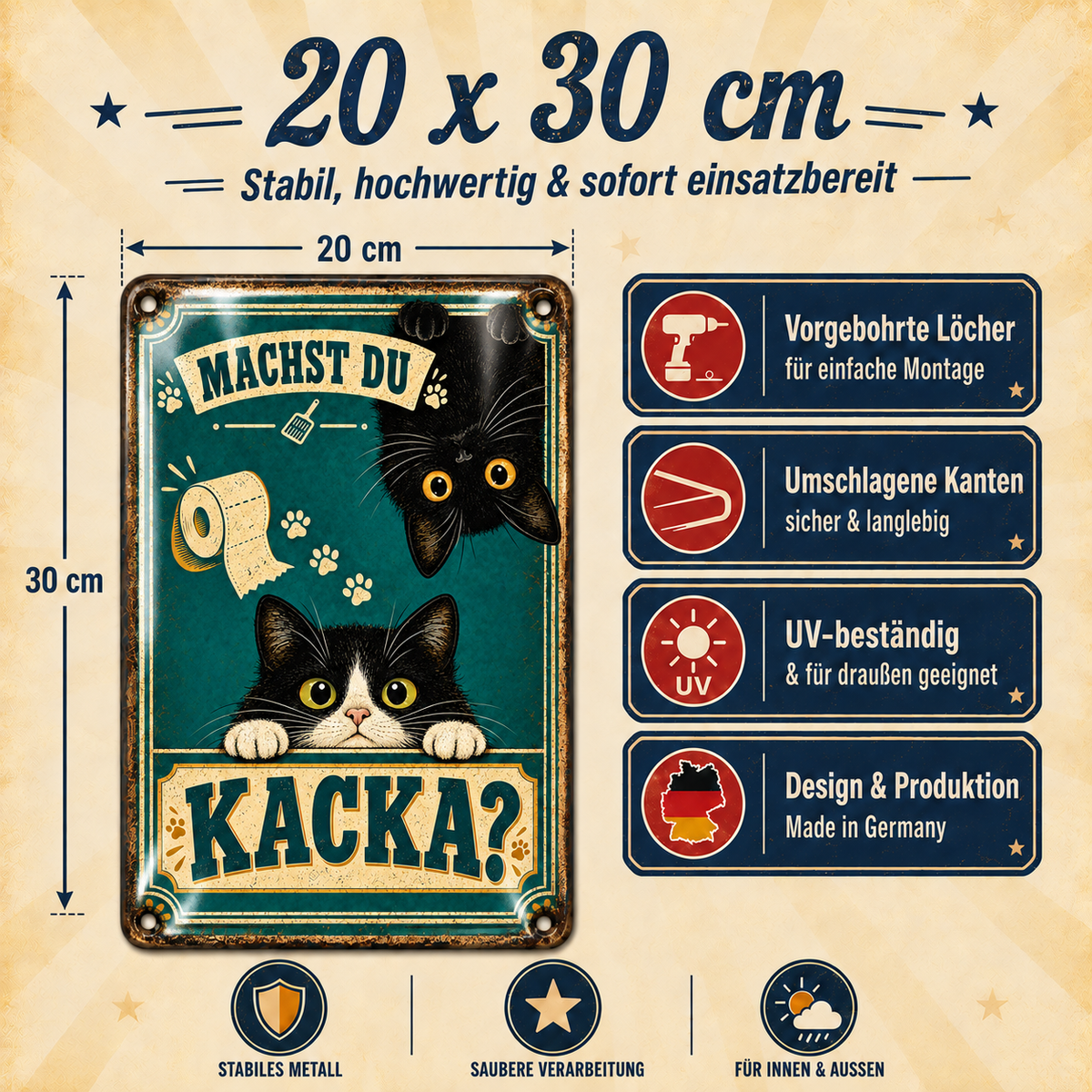 Katzen-WC-Metallschild – Machst du Kacka? von Leotie – Maße und Produkteigenschaften, 20 × 30 cm