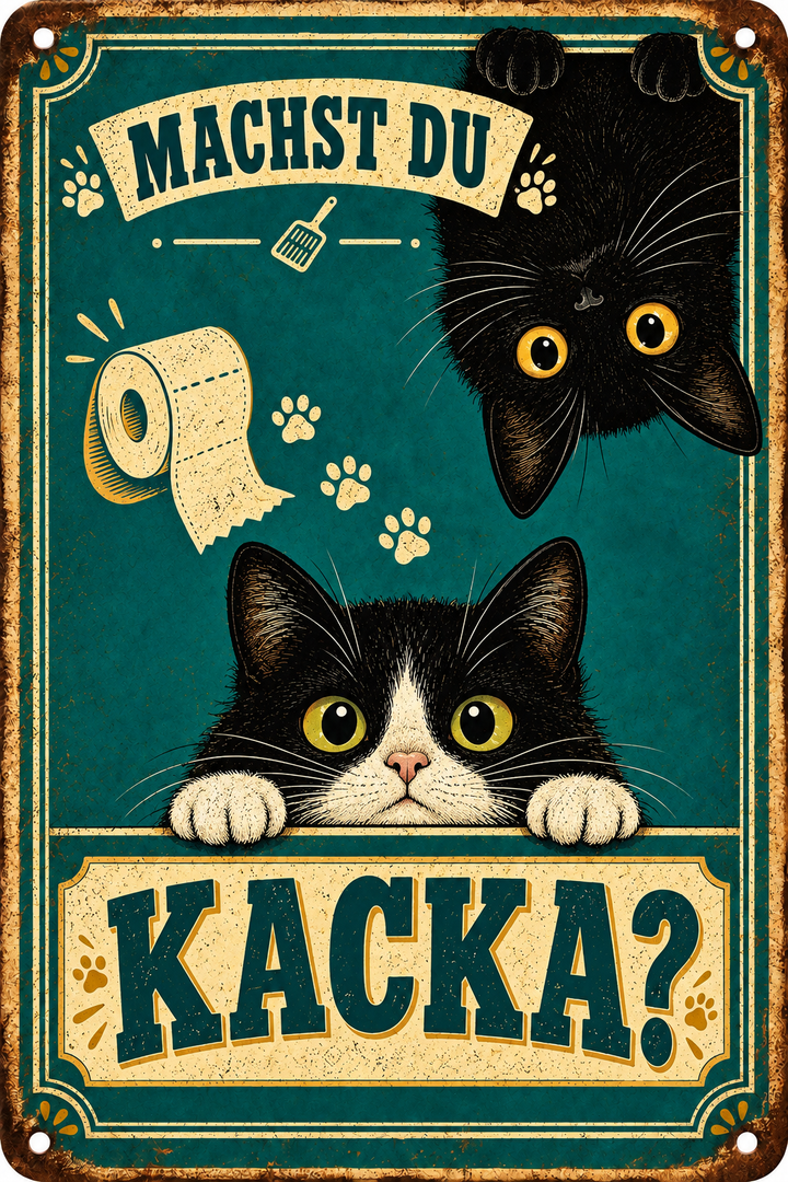 Katzen-WC-Metallschild – Machst du Kacka? von Leotie – Motivansicht, 20 × 30 cm