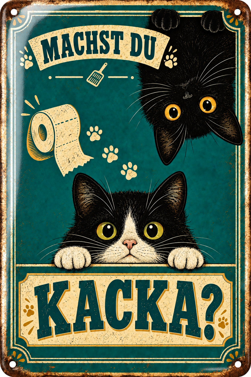 Katzen-WC-Metallschild – Machst du Kacka? von Leotie – Titelbild mit Schimmereffekt, 20 × 30 cm